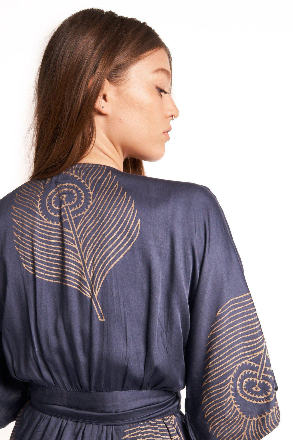Peacock Feather Wrap Dress in Navy + Gold