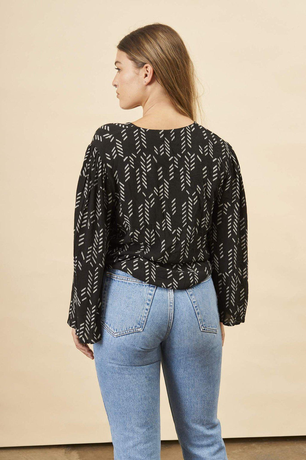 Stylized Feather Tie Knot Blouse in Black + Cream