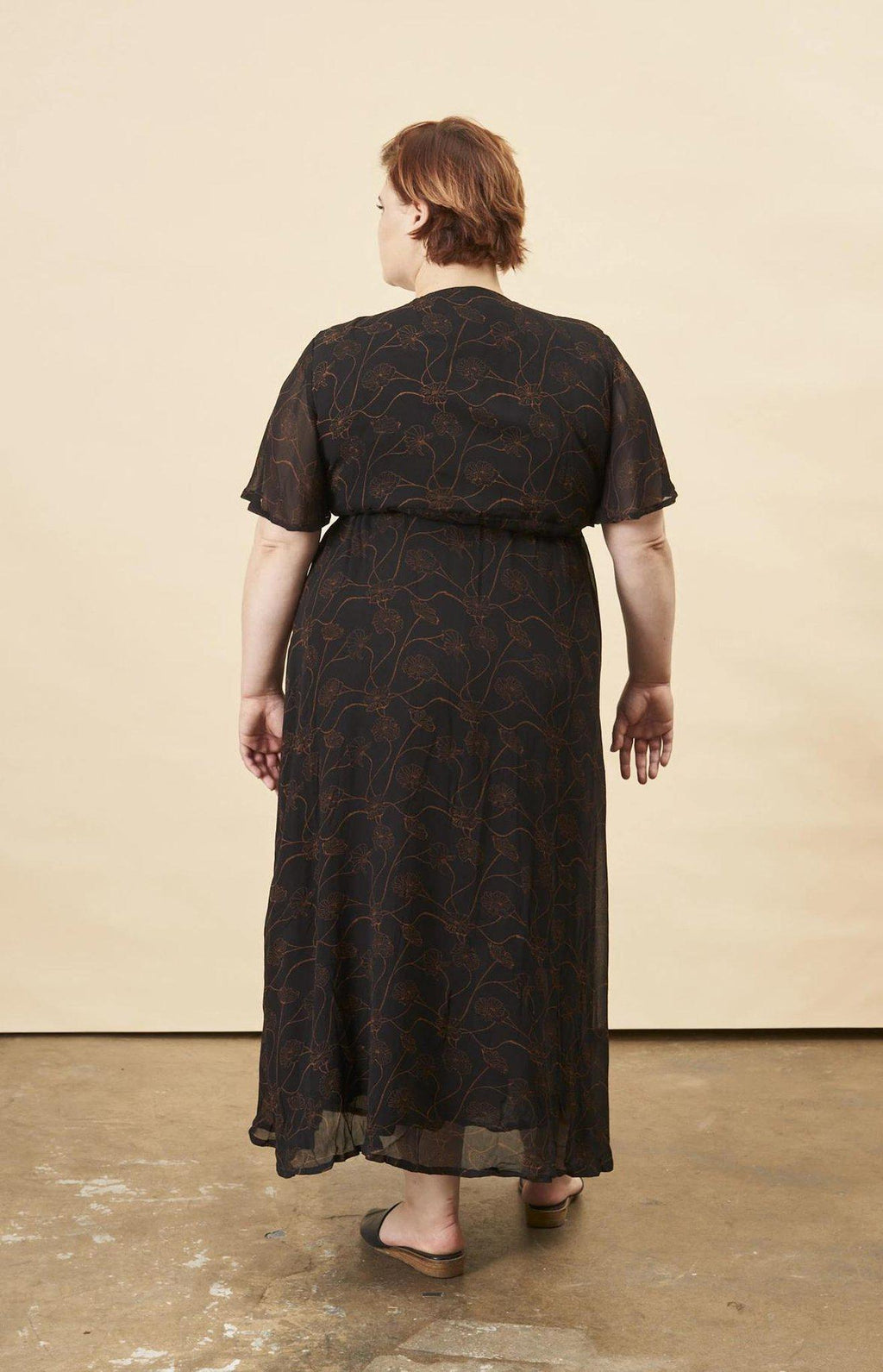 Poppy Flower Butterfly Sleeve Maxi Dress in Black + Copper
